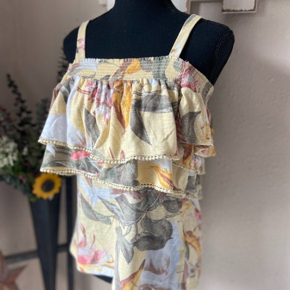 WHBM White House Black Market Pastel Yellow Floral Cold Shoulder Top XS - Picture 1 of 7